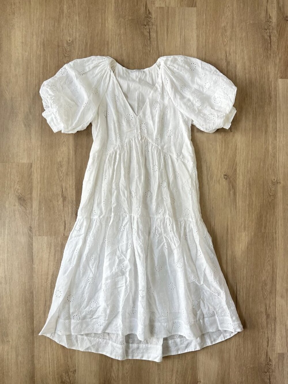 FRAME White Cotton Puff Sleeve Eyelet Midi Dress 100% Cotton SMALL